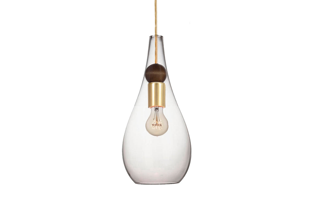 USA Made Earth Collection Lighting - Teardrop Wood and Hand Blown Glass Pendants, Sconces, and Chandelier