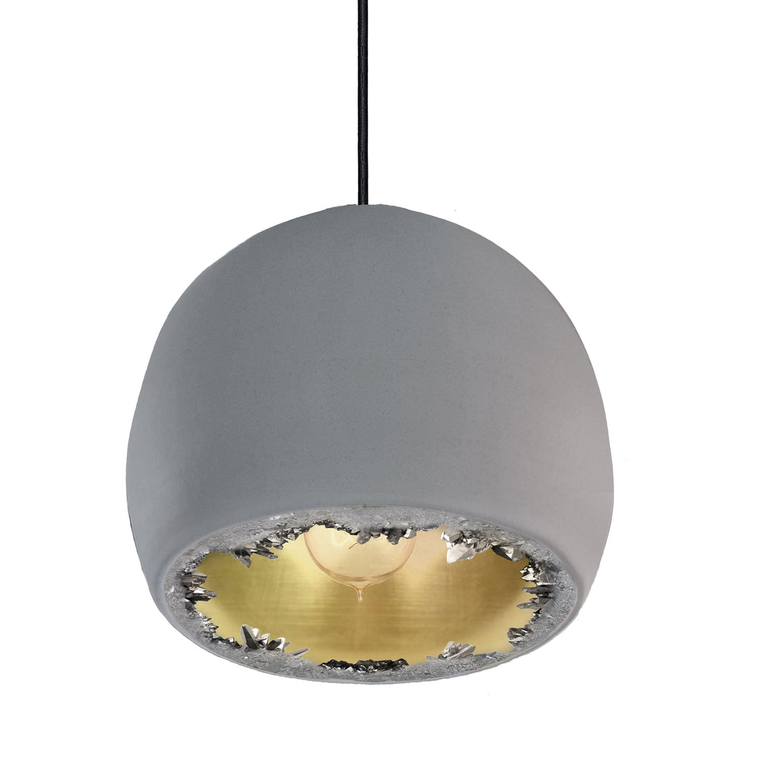 12&quot; Matte Grey &amp; Brass Geode Crystal Pendant Light- Black Cord Hammers and Heels