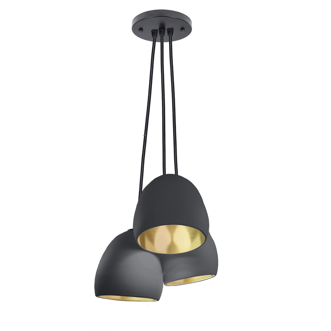 7&quot; Matte Black &amp; Brass Leaf Clay 3 Pendant Light Chandelier- Black Cord Hammers and Heels