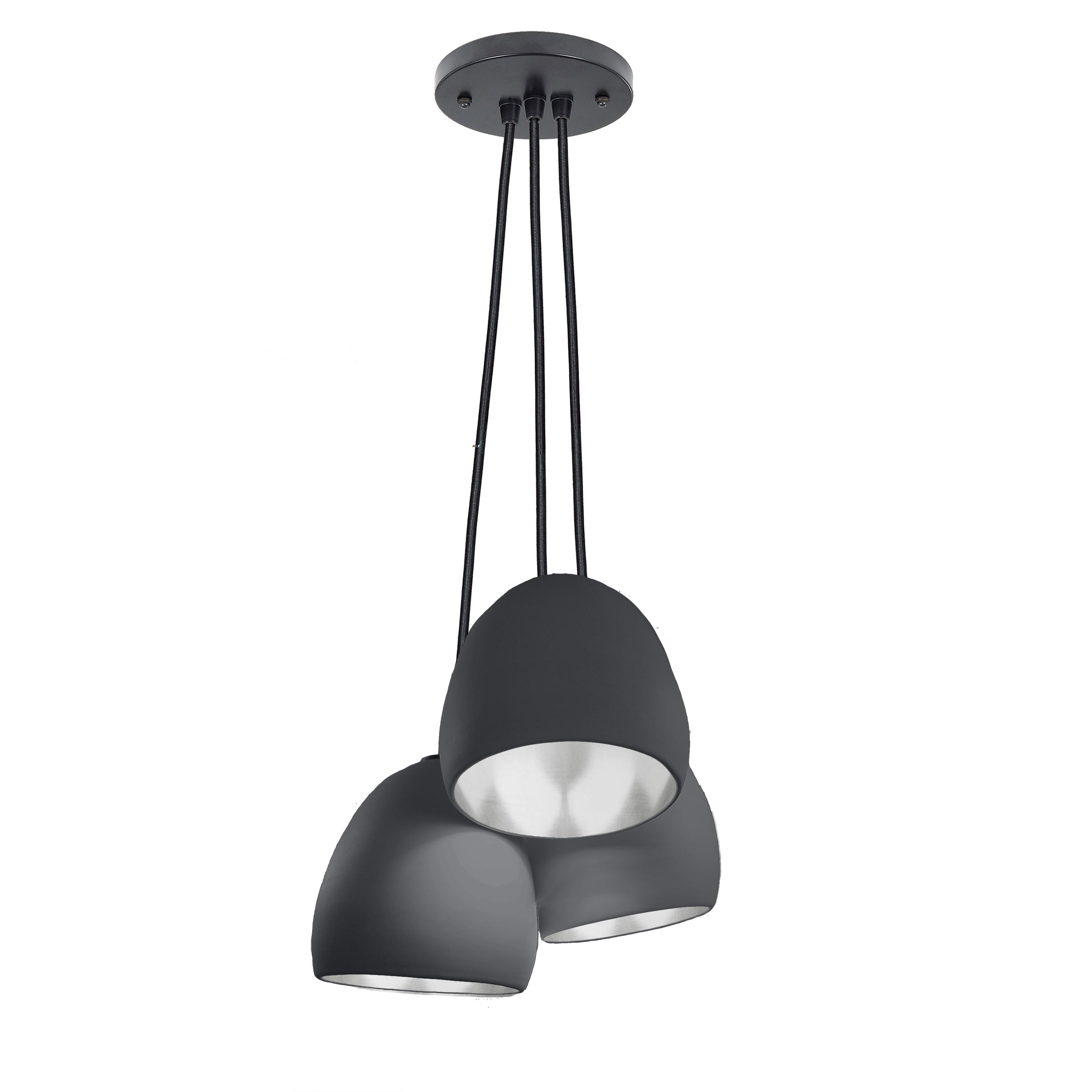 7&quot; Matte Black &amp; Silver Leaf Clay 3 Pendant Light Chandelier- Black Cord Hammers and Heels