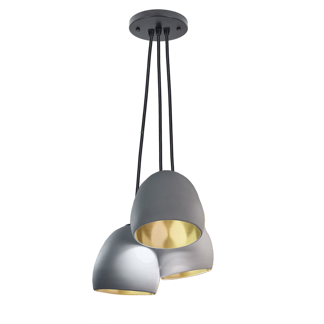 7&quot; Matte Grey &amp; Brass Leaf Clay 3 Pendant Light Chandelier- Black Cord Hammers and Heels