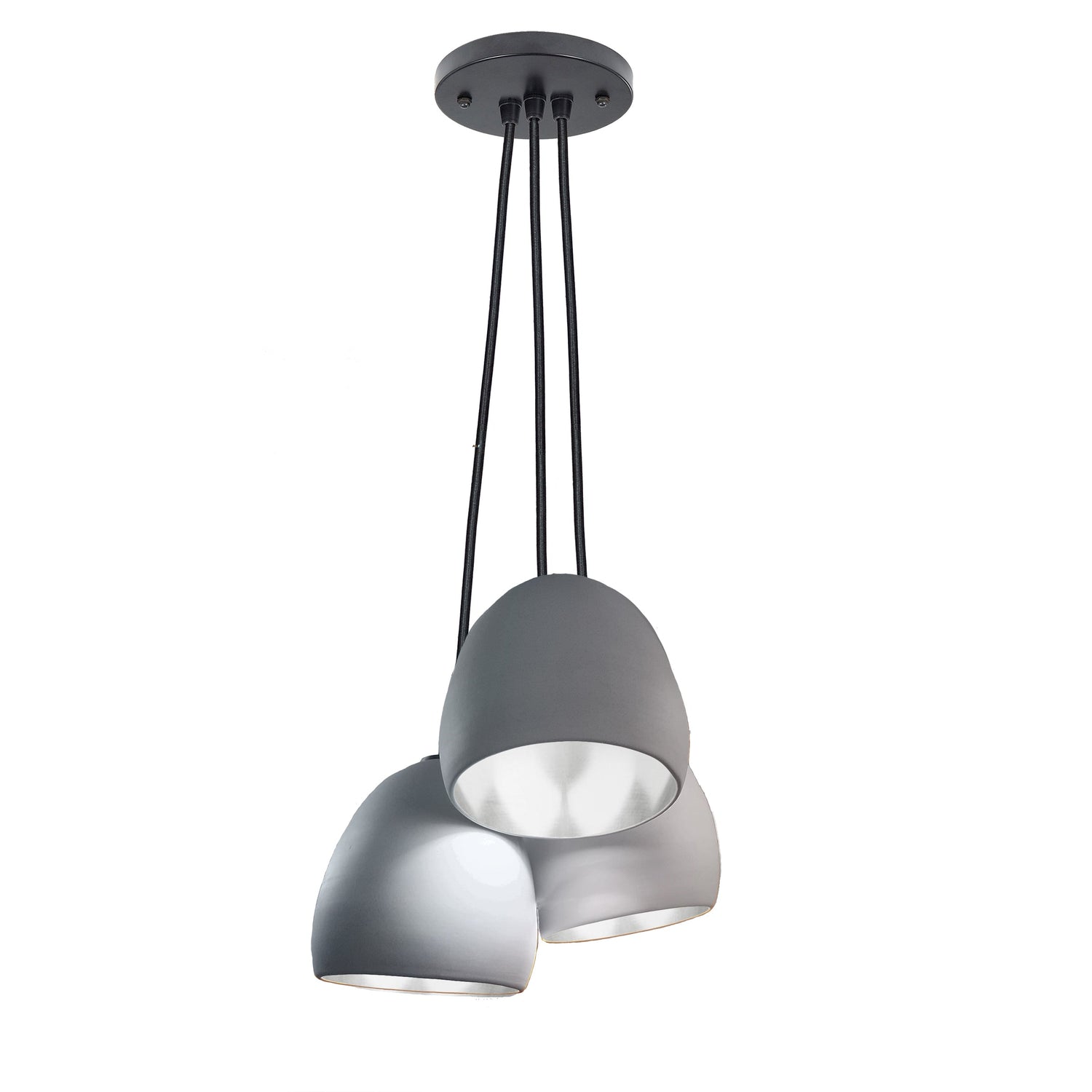 7&quot; Matte Grey &amp; Silver Leaf Clay 3 Pendant Light Chandelier- Black Cord Hammers and Heels