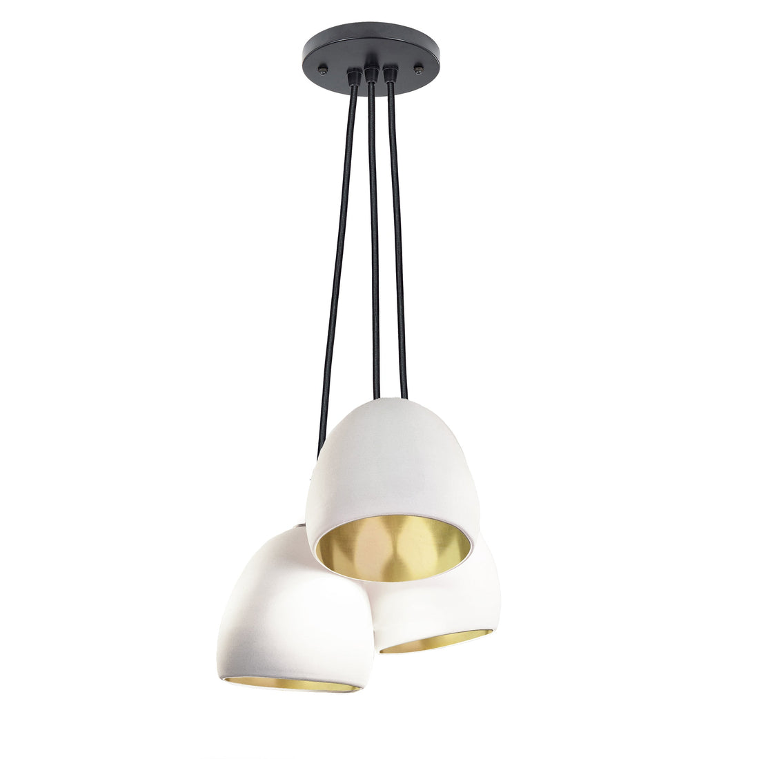 7&quot; Matte White &amp; Brass Leaf Clay 3 Pendant Light Chandelier- Black Cord Hammers and Heels