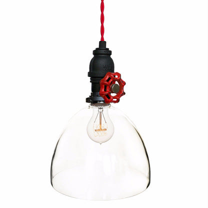 8&quot; Clear Blown Glass Upcycled Valve Pendant Light- Red Cord Hammers and Heels