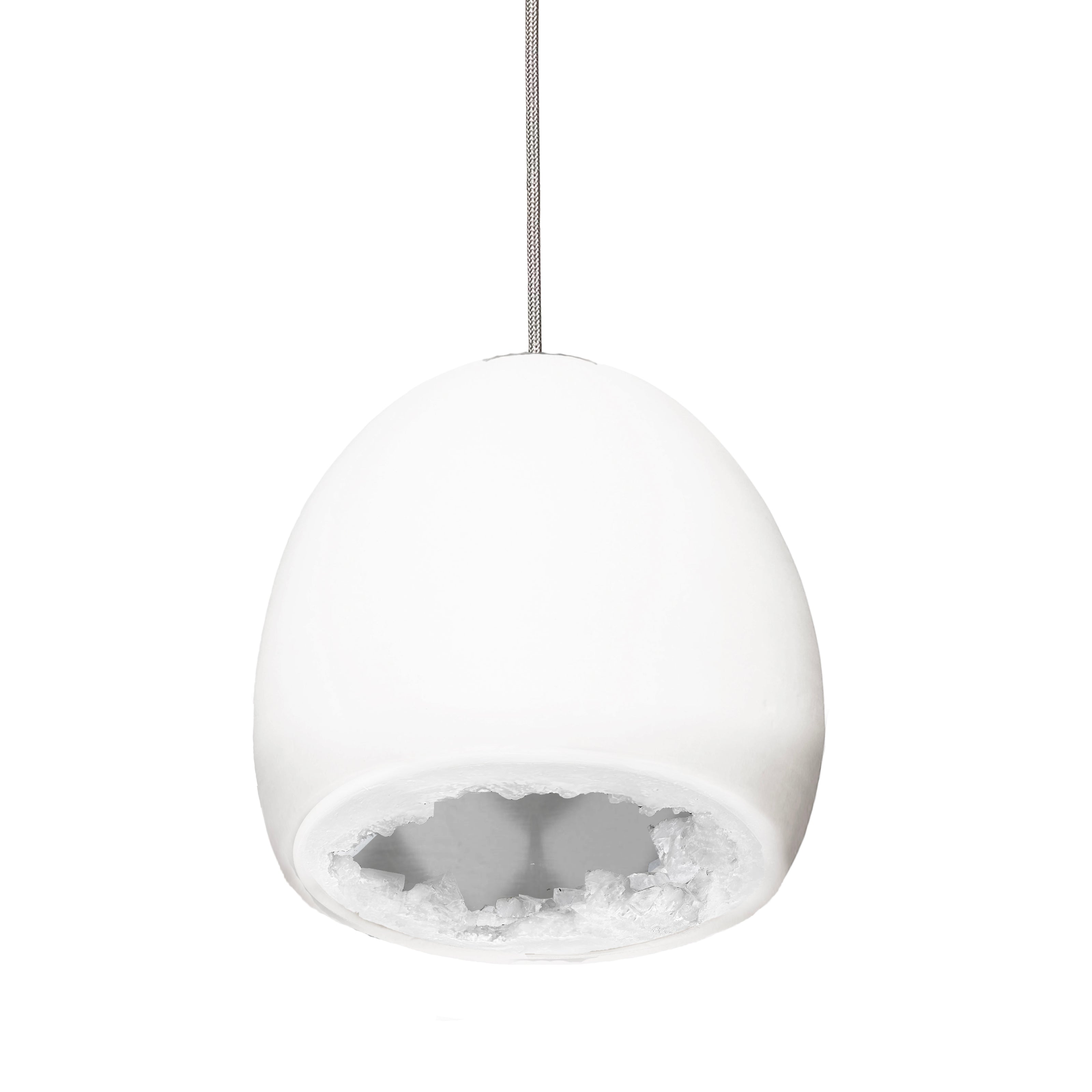 8&quot; Matte White &amp; Silver Geode Crystal Pendant Light- Black Cord Hammers and Heels