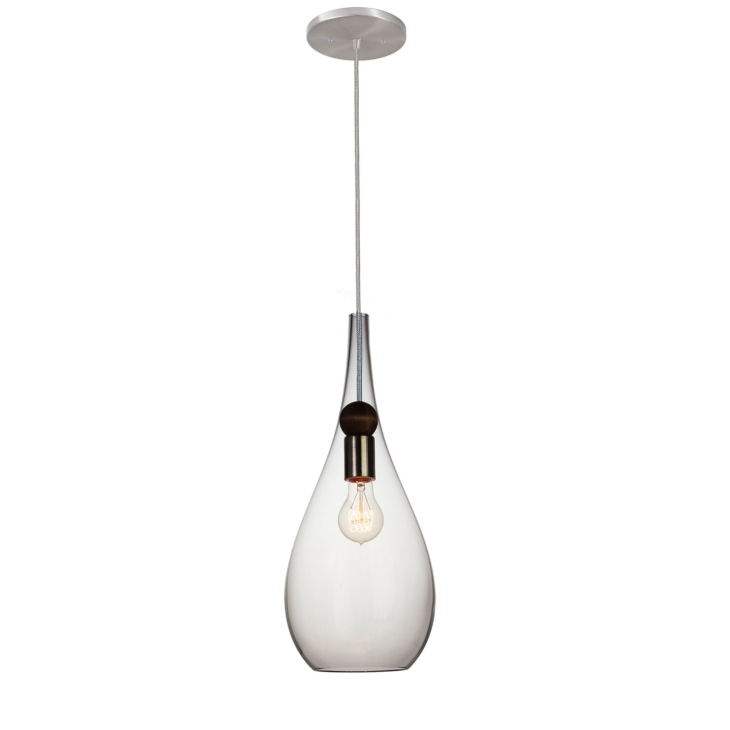 Clear Blown Glass &amp; Wood Teardrop Pendant Light- Brushed Nickel Hammers and Heels