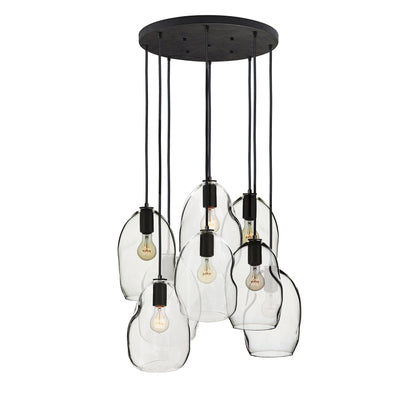 Clear Bubble Hand Blown Glass Stagger Pendant Chandelier- Matte Black Hammers and Heels