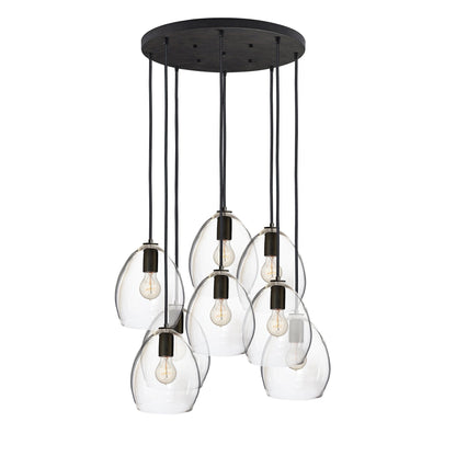 Clear Hand Blown Glass Orb Multiple Staggered Pendant Light Chandelier- Matte Black Hammers and Heels