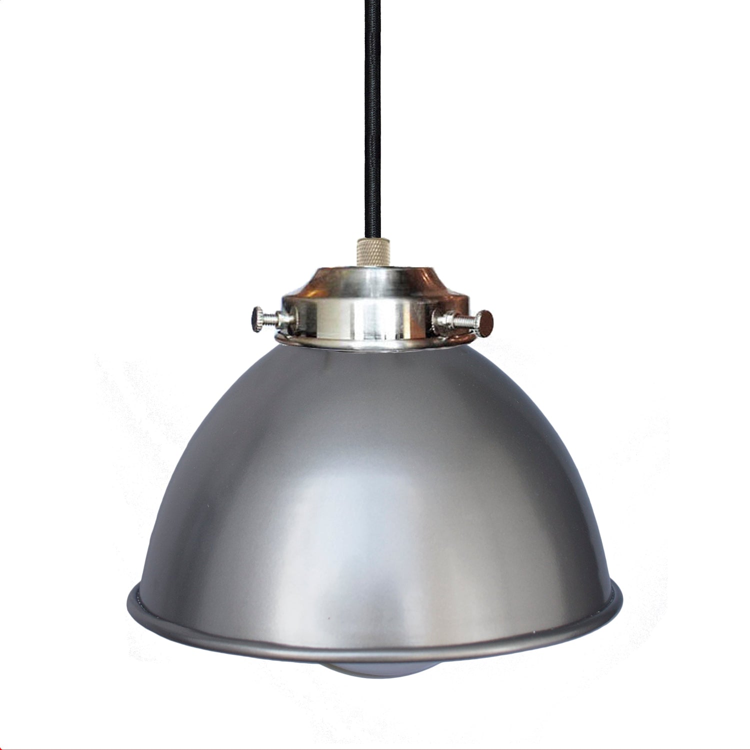 Factory Dome Metal Nickel Shade Pendant Light- Black Cord Hammers and Heels