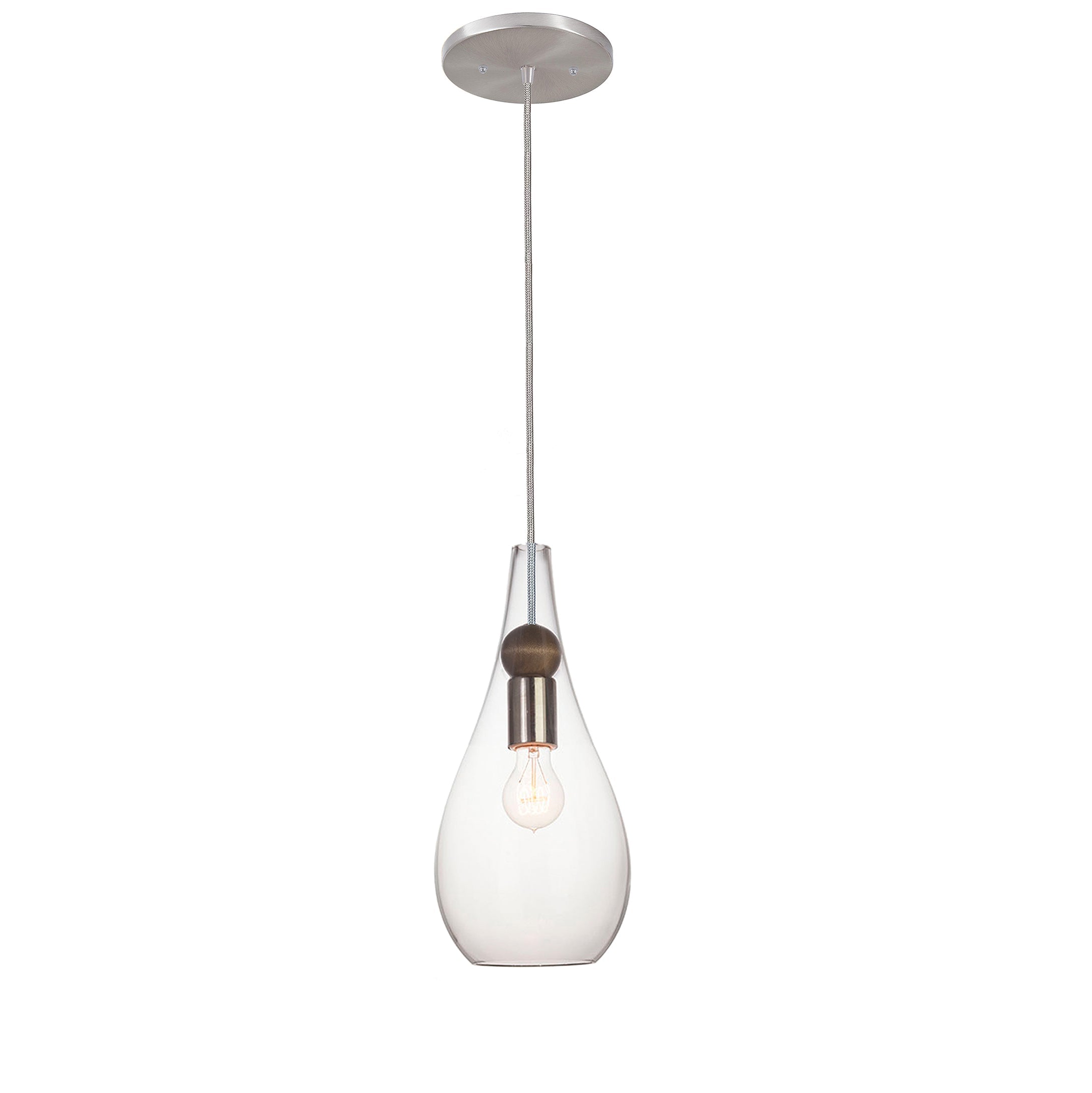 Mini Clear Blown Glass &amp; Wood Teardrop Pendant Light- Brushed Nickel Hammers and Heels