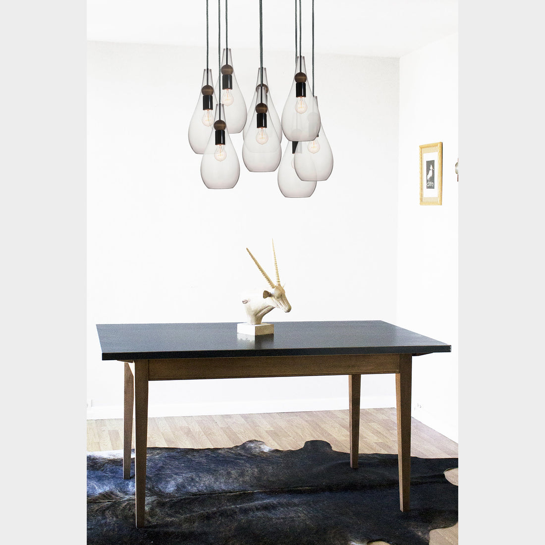 Mini Clear Hand Blown Glass Teardrop &amp; Wood Stagger Chandelier- Matte Black Hammers and Heels