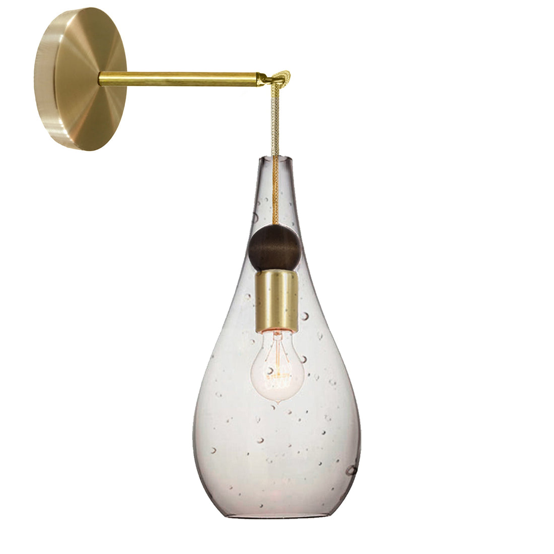 Mini Seeded Blown Glass &amp; Wood Teardrop Wall Sconce- Brass Cord Hammers and Heels