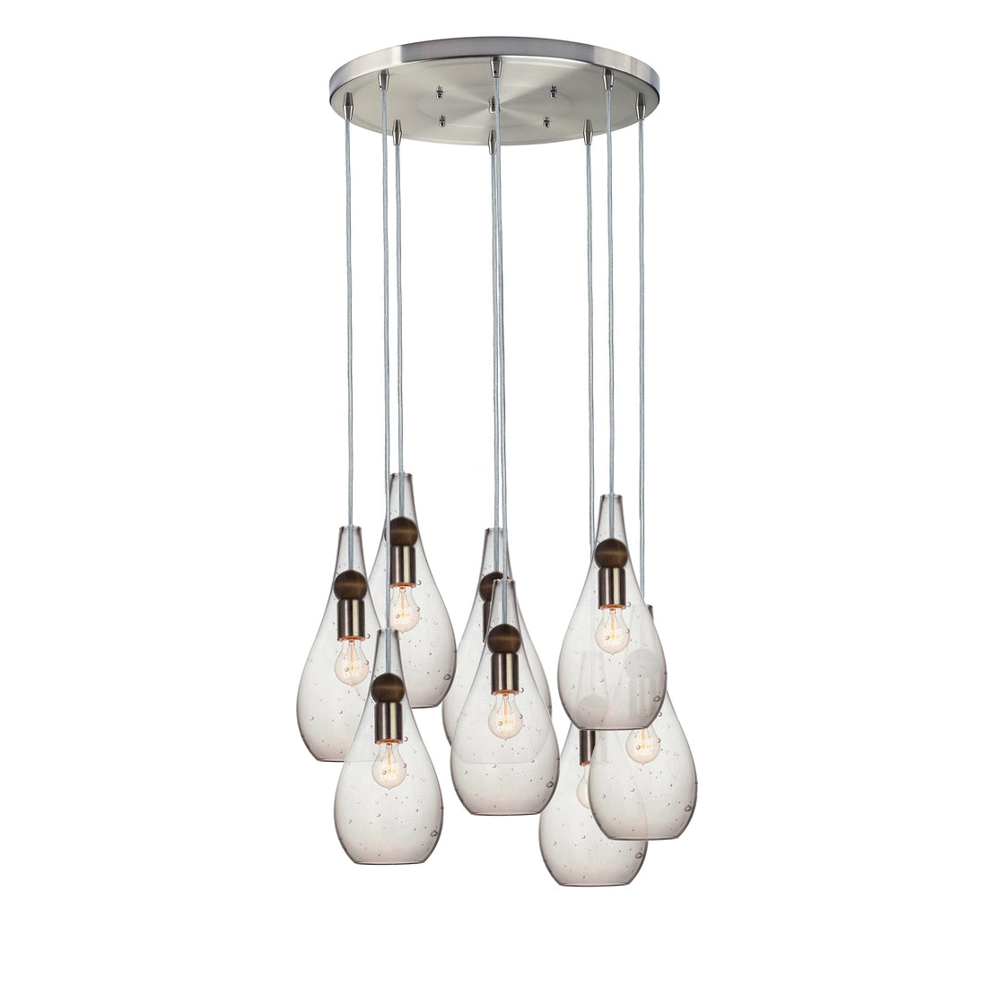 Mini Seeded Hand Blown Glass Teardrop &amp; Wood Stagger Chandelier- Brushed Nickel Hammers and Heels