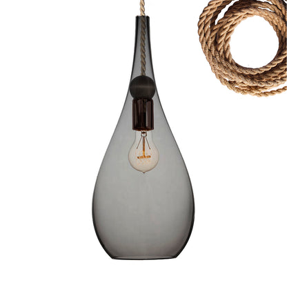 Smoke Glass Teardrop &amp; Wood Pendant Light