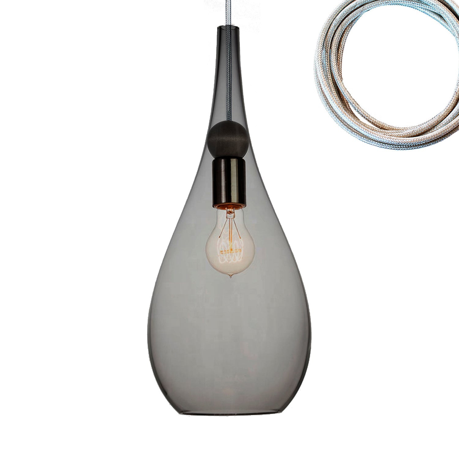 Smoke Glass Teardrop &amp; Wood Stagger 5 Light Chandelier
