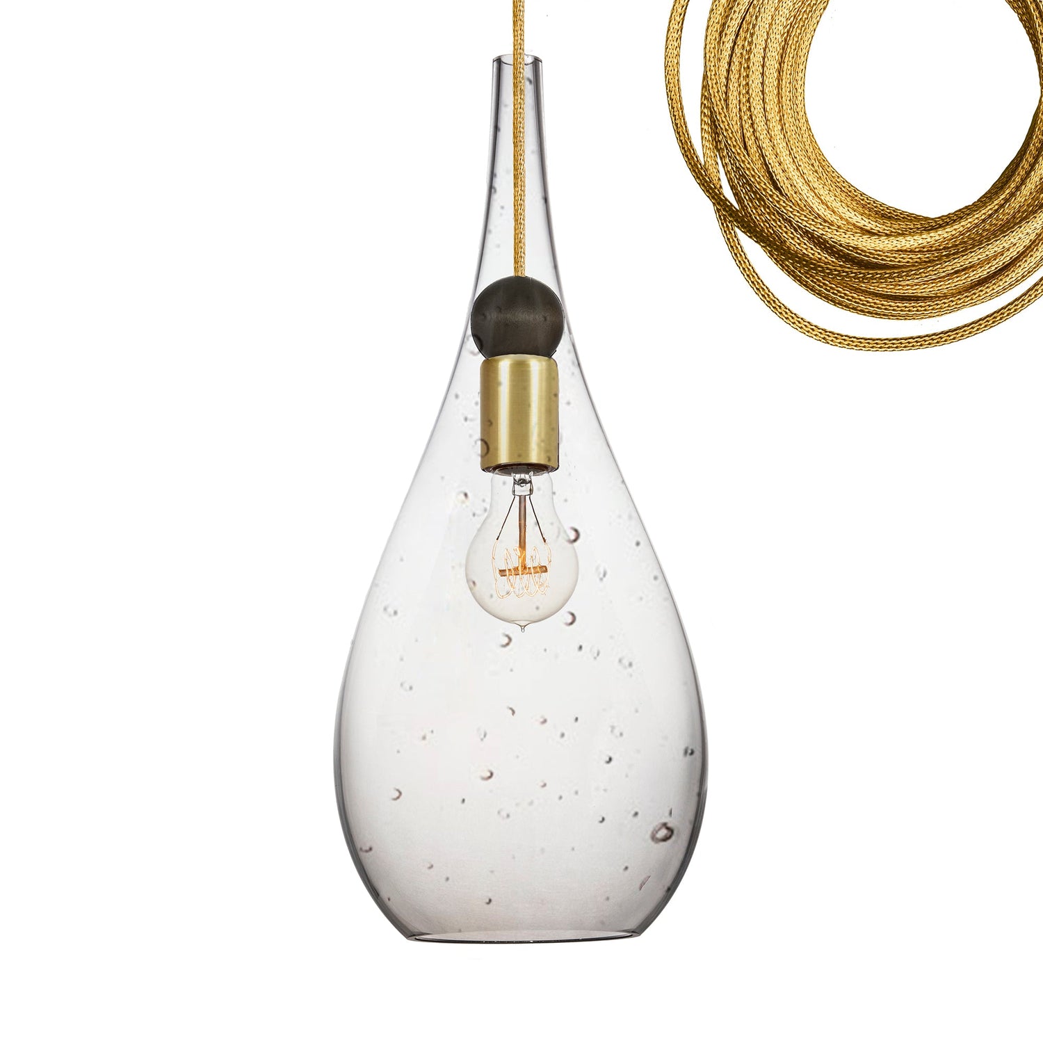 Seeded Hand Blown Glass Teardrop &amp; Wood Stagger Chandelier- Brass Cord Hammers and Heels