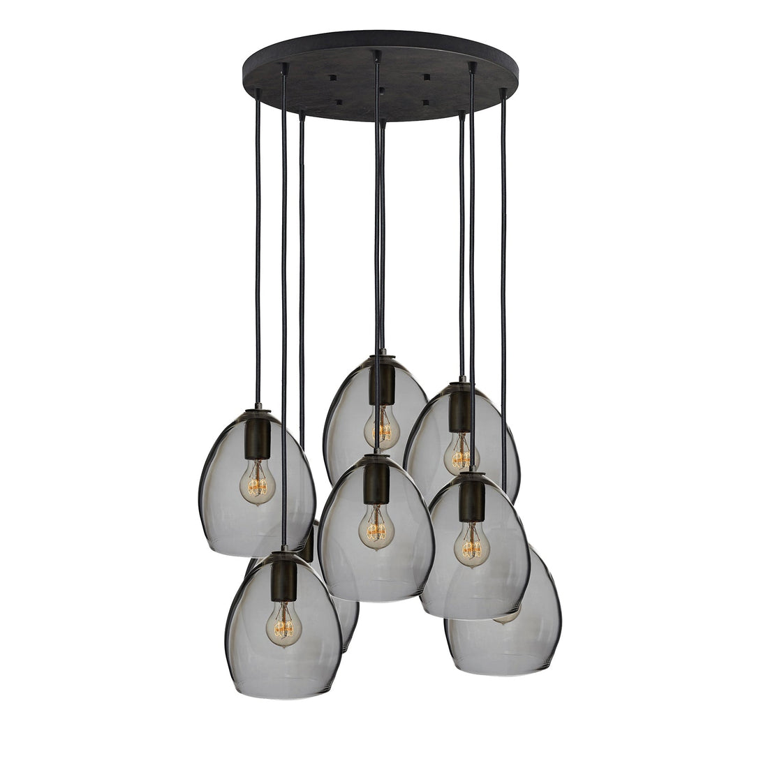 Smoke Hand Blown Glass Orb Multiple Staggered Pendant Light Chandelier- Matte Black Hammers and Heels
